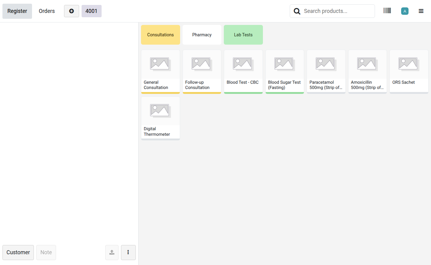 Odoo Point of Sale screen showing Consultations, Pharmacy, and Lab Tests categories with clinic products